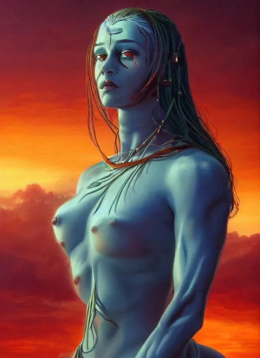 Prompt: biblical beautiful female android, shiva, glowing veins, in clouds, sunset, portrait, by gerald brom, by peter elson, muted colors, extreme detail, reflections, trending on artstation, 8 k