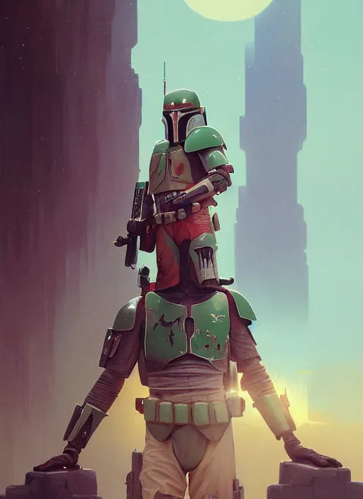 Image similar to symmetry! highly detailed portrait of boba fett, shallow focus. fantasy art by greg rutkowski, loish, rhads, ferdinand knab, makoto shinkai and lois van baarle, ilya kuvshinov, rossdraws, tom bagshaw, alphonse mucha, global illumination, radiant light, detailed and intricate environment