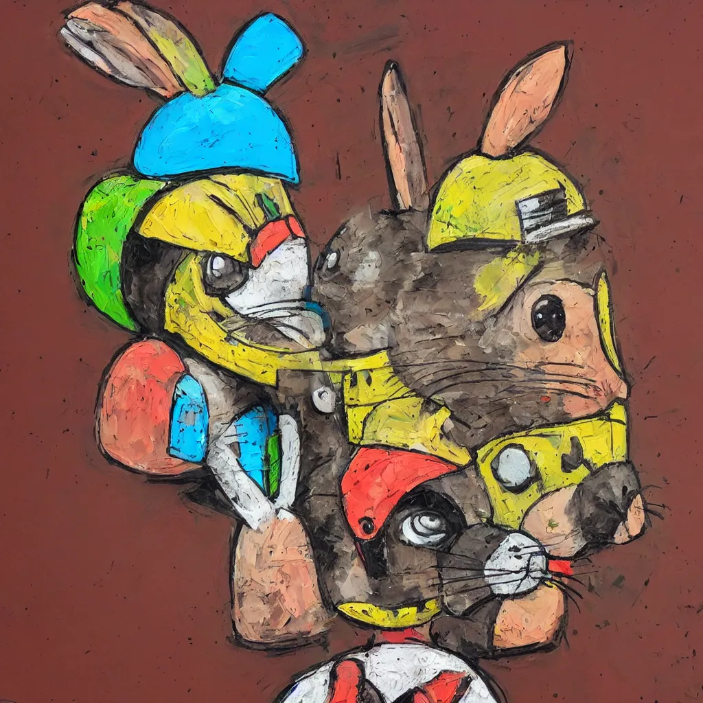 Prompt: rabbit with a helmet graffiti, paint, clay, cardboard, lineart, textured, impasto, trending on artstation, hd