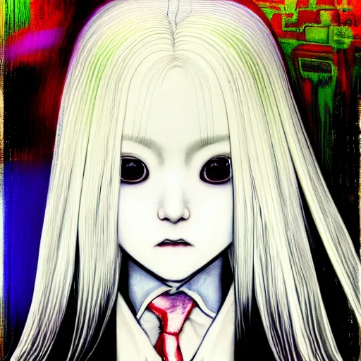 Image similar to yoshitaka amano blurred and dreamy three quarter angle portrait of a girl with white hair and black eyes wearing dress suit with tie, playstation 2 horror game, junji ito abstract patterns in the background, satoshi kon anime, chungking express color palette, noisy film grain effect, highly detailed, renaissance oil painting, weird portrait angle, blurred lost edges