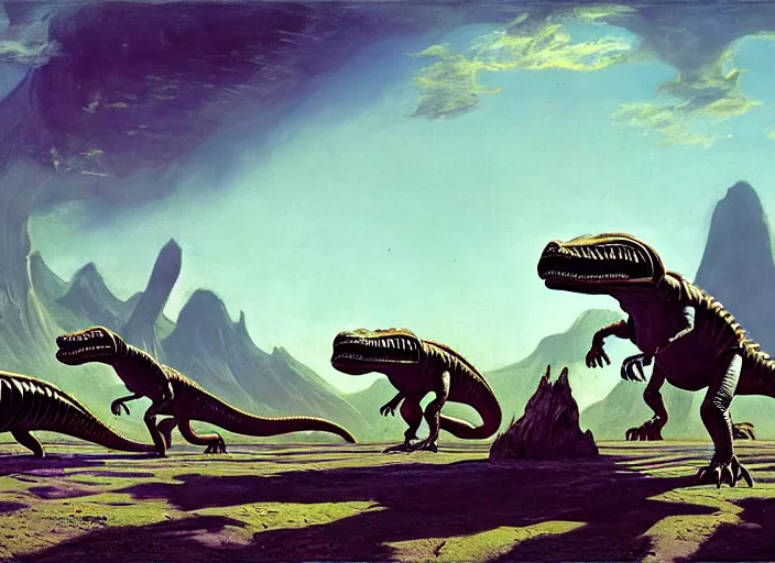 Prompt: alien dinosaurs on an alien planet, matte painting, by isaac levitan and asher brown durand,