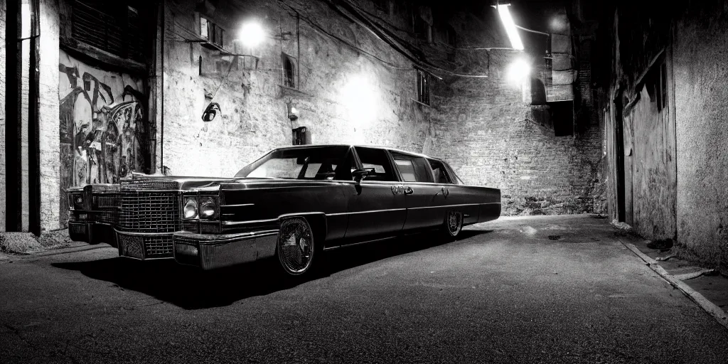 Image similar to a widescreen photo of a old dubbledecker cadillac in a dark alley, low light, by steve mccurry