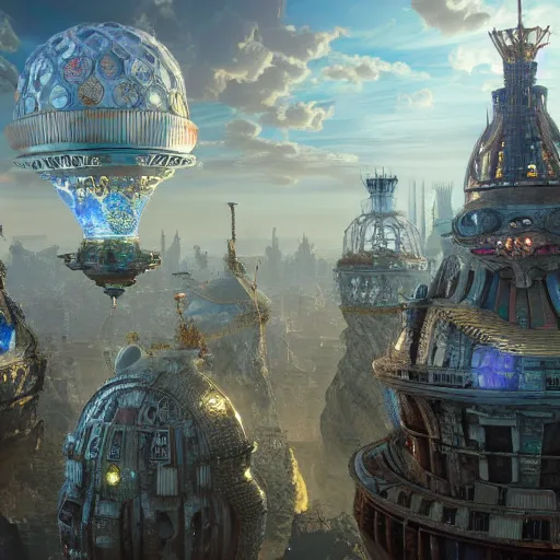 Image similar to enormous flying city in a gigantic faberge egg, sky, steampunk, fantasy art, unreal engine,