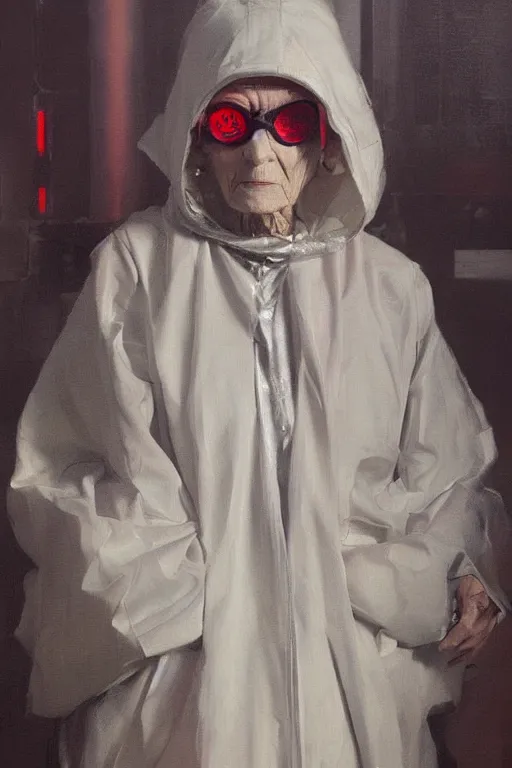 Prompt: portrait of an old wizened woman dressed in cyberpunk - inspired designer streetwear by vivienne westwood, oil on canvas by greg rutkowski, beautiful painting, soft lighting