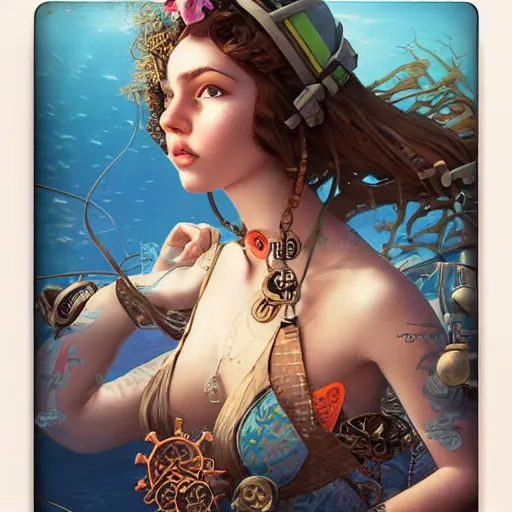 Prompt: lofi underwater steampunk beach model portrait, Pixar style, by Tristan Eaton Stanley Artgerm and Tom Bagshaw.