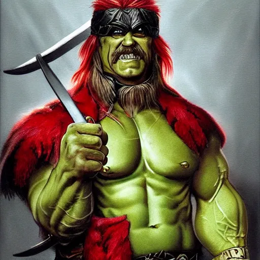 Prompt: portrait of hulk hogan as fantasy barbarian warrior. fantasy art, d & d