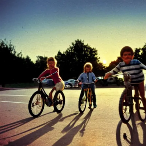 Image similar to kids riding their bikes in the 1 9 8 0 s, long shot, sunset at the golden hour, photoreal, vintage