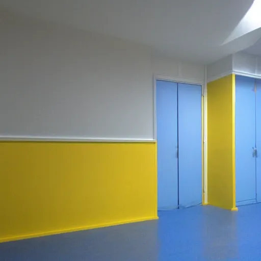 Prompt: empty 9 0 s birthday party room with no windows and yellow walls