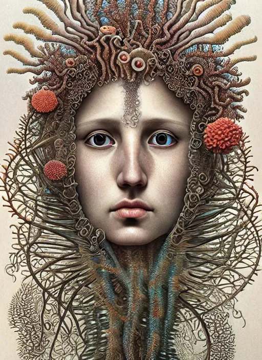 Image similar to realistic detailed underwater face portrait of the beutiful young goddess of the fish of the fractal waters with an intricate headdress of corals, sea kelp, sea plants, coral reef, fish, jellyfish, art by ernst haeckel, zdzisław beksinski, hieronymus bosch, gothic, neo - gothic, ornamental, beautiful deep colours,