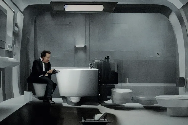 Image similar to hyperrealism aesthetic ridley scott and denis villeneuve style photography of a detailed giant elon musk, siting on a detailed ultra huge toilet and scrolling his smartphone in hyperrealism scene from detailed art house movie in style of alejandro jodorowsky and wes anderson