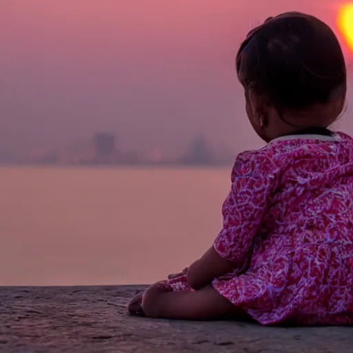 Prompt: a young baby girl sitting in mumbai watching the sunset