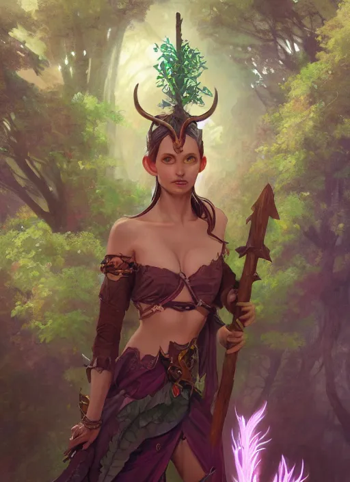 Image similar to cute Tiefling Druid with long horns, colorful leaves on light leather armor, holding tree staff, ,demon tail light-brown skin, highly detailed, digital painting, artstation, concept art, sharp focus, illustration, art by artgerm and greg rutkowski and alphonse mucha