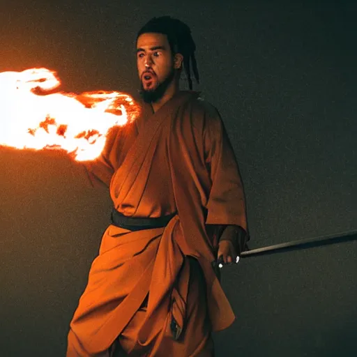 Image similar to cinematic film still of J Cole starring as a Samurai holding fire, Japanese CGI, VFX, 2022, 40mm lens, shallow depth of field,film photography