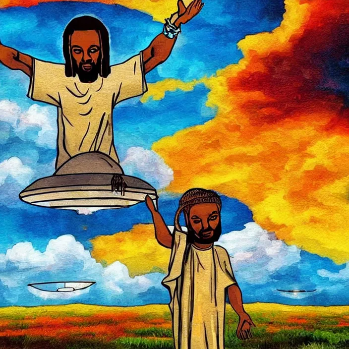 Image similar to UFO hovering over an African Jesus , clouds, colorful, in the style of Nigerian truck art,