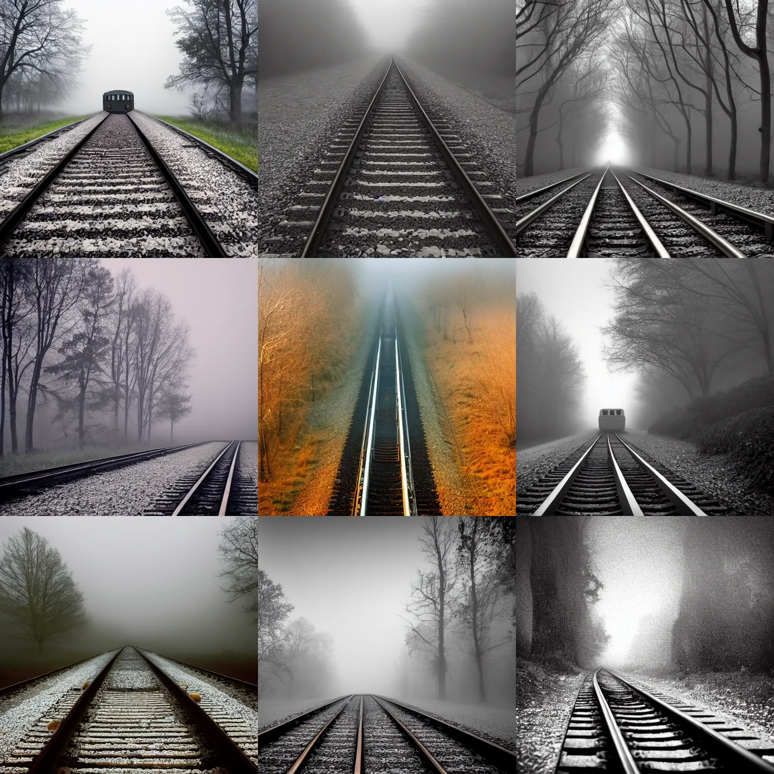 Prompt: a train traveling down train tracks in the fog, a stock photo by jurg kreienbuhl, shutterstock contest winner, german romanticism, ue 5, depth of field, ominous