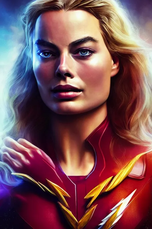 Image similar to majestic and regal portrait of margot robbie female the flash, dc universe, perfect face, beautiful, intricate, epic, elegant, fantasy, highly detailed, digital painting, hard focus, beautiful volumetric lighting, epic light, ultra detailed, by leesha hannigan, ross tran, thierry doizon, kai carpenter, ignacio fernandez rios