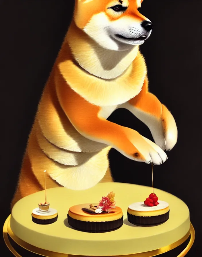 Image similar to a royal portrait of a shiba inu as a japanese cheesecake, oil on canvas, highly detailed, cinematic lighting, pretty