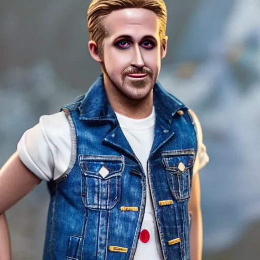 Image similar to Ryan Gosling with silver-violet hair, white eyes inflated press and denim glittery vest, wide lens, diorama, 4k,