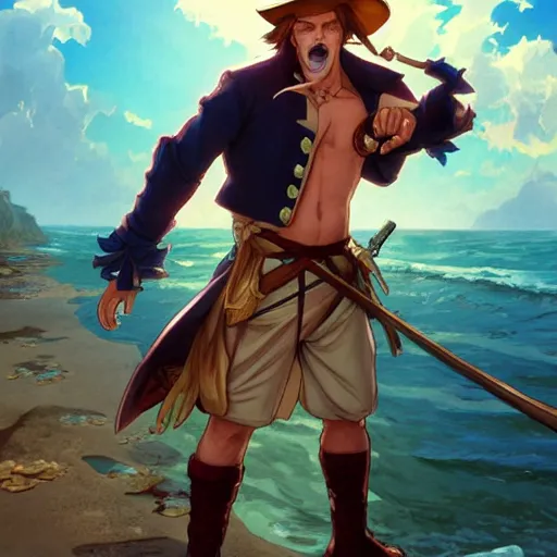 Image similar to Young pirate wearing a straw hat, a scar in the shape of an X on his chest, who wants to be the pirate king and can stretch his body as a rubber, anime style, cartoon, manga, pencil, art by artgerm and greg rutkowski and alphonse mucha