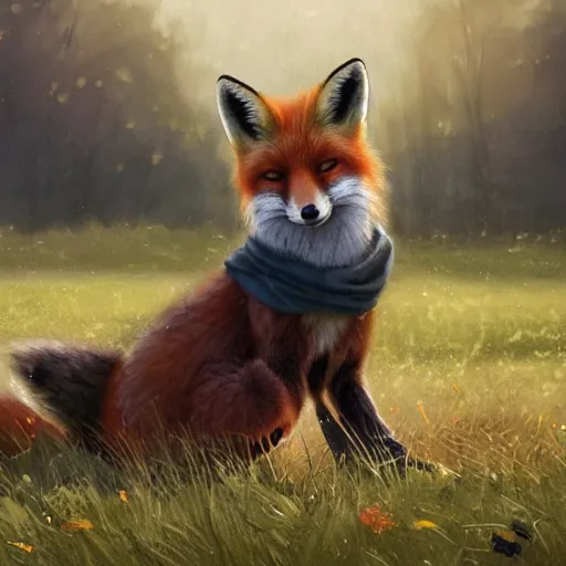 Prompt: a fox kneeling in a field, wearing a scarf and holding a cup of coffee, by stanley lau and greg rutkowski