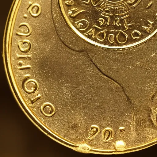 Prompt: close up photo of a gold coin, high detail, complex