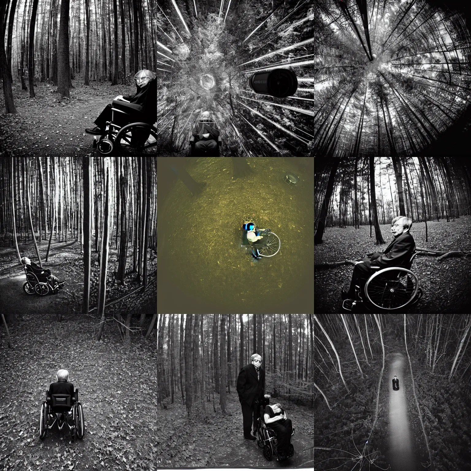 Prompt: photo of stephen hawking in a forest at night on his wheelchair, telephoto long distance shot, black and white, low light, vignette, noise, creepy, dark, atmospheric, 3 5 mm, surveillance footage, seen from above, aerial view, fisheye