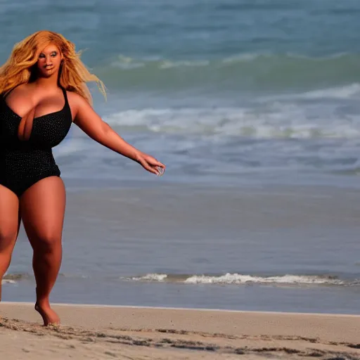 Image similar to curvy Beyonce, dancing on the beach, trying to catch my attention.