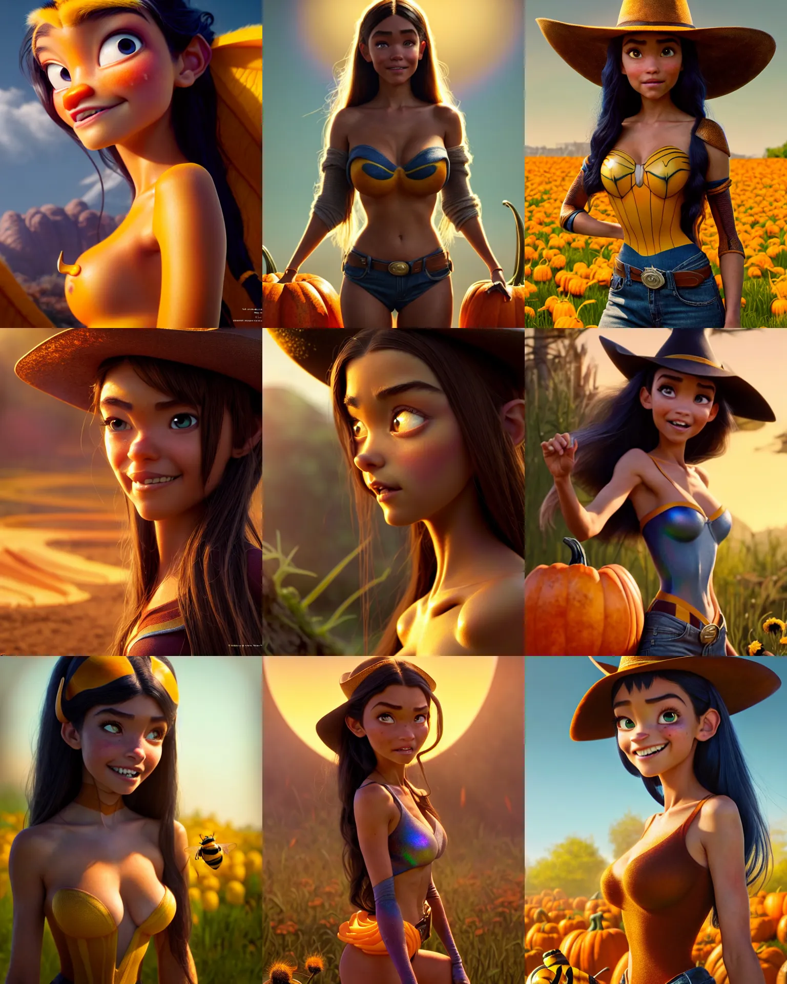 Prompt: weta disney pixar movie still portrait photo of madison beer : : as sunburnt tatoo cowgirl bumblebee woman by pixar : : by weta, greg rutkowski, wlop, ilya kuvshinov, rossdraws, artgerm, marvel, halloween costume, maxim cover, octane render, sweaty, iridescent, bright morning, anime, liosh, mucha : :