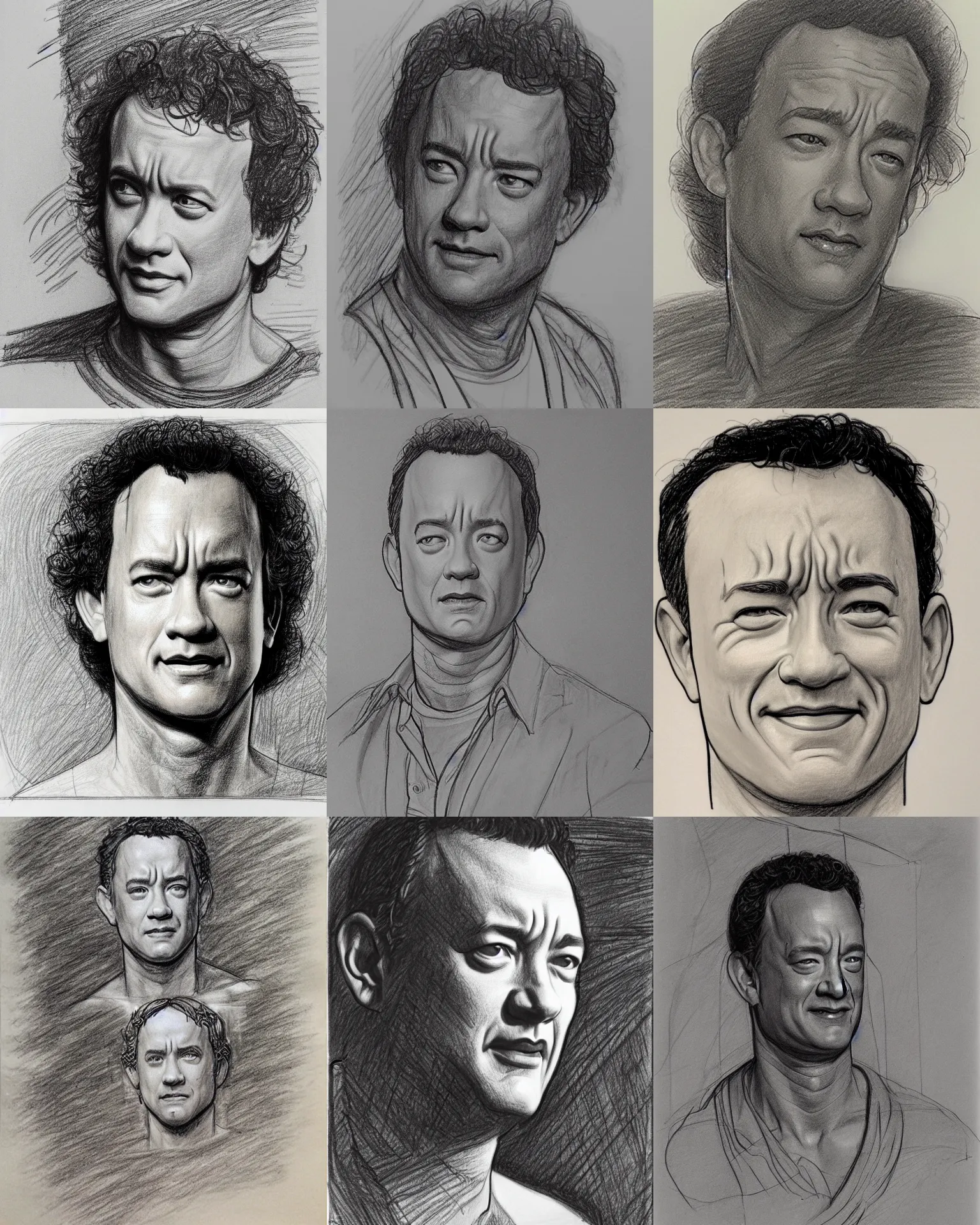 Prompt: linework preliminary drawing of tom hanks, by michelangelo, james gurney, da vinci, implied shading