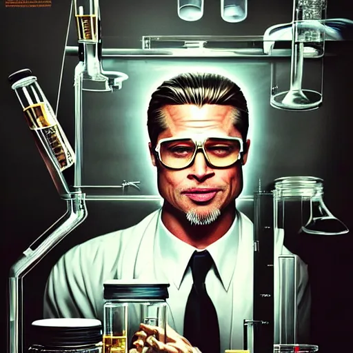 Prompt: a highly detailed portrait of brad pitt as a crazy scientist working in a lab busy pouring content from one glass tube into another glass tube, dramatic lighting and composition, trending on artstation, concept art, comic book, chuck close, vittorio matteo corcos, john currin.