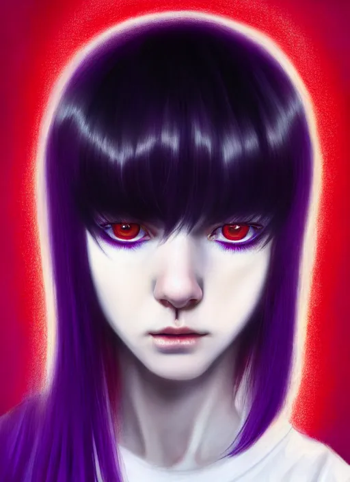 Image similar to hair whitebangs hair, black hair, blackbangswhitehair, portrait of teenage girl with white bangs, red irises, purple clothes, white bangs, bangs are different color from hair, intricate, elegant, glowing lights, highly detailed, digital painting, artstation, concept art, sharp focus, illustration, art by wlop, mars ravelo and greg rutkowski