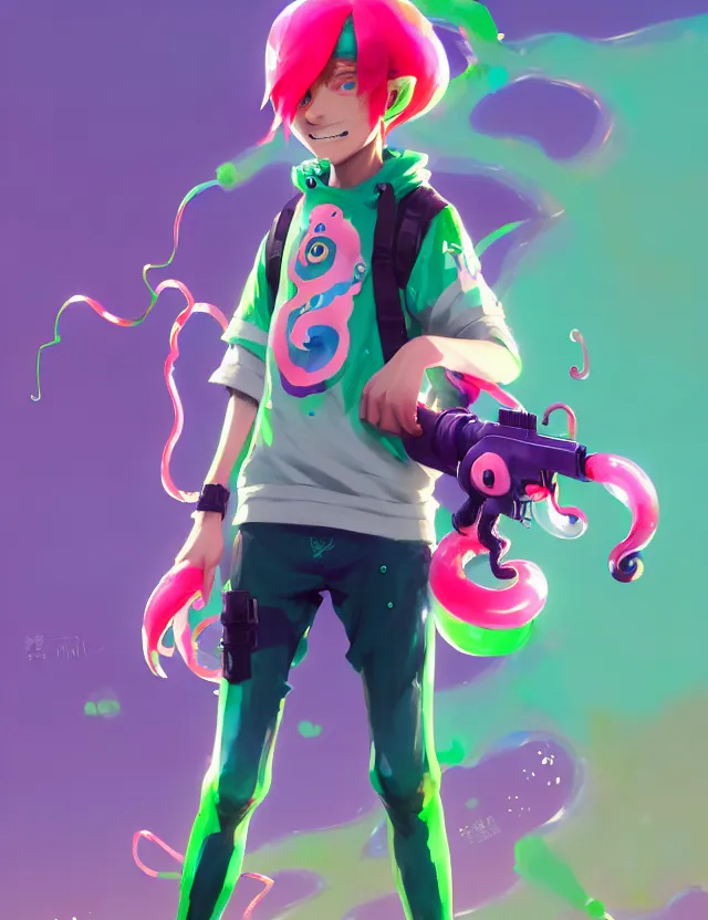 Image similar to a beautiful fullbody portrait of a cute splatoon anime boy with pink hair and green eyes wearing sports clothing leggings. character design by cory loftis, fenghua zhong, ryohei hase, ismail inceoglu and ruan jia. artstation, volumetric light, detailed, photorealistic, fantasy, rendered in octane