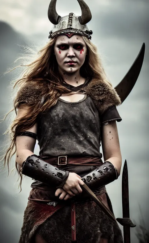 Image similar to photorealistic photograph of beautiful female viking warrior with large sad gray eyes, bloody, cinematic, 28mm