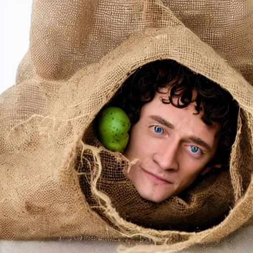 Image similar to frodo from lord of the rings in a burlap sack of potatoes, photography, realistic, mid shot, in his hobbit home