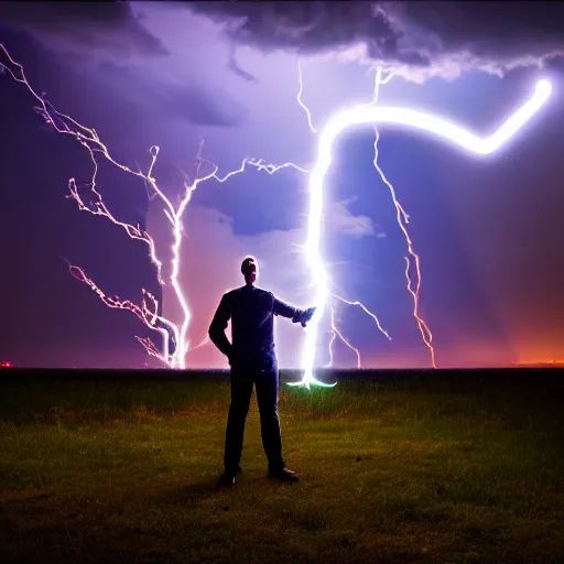 Image similar to man + tesla coil lightning, photo, detailed, 4 k