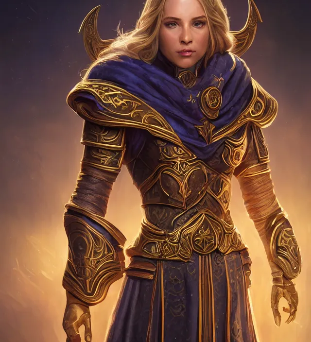 Image similar to Jaina Proudmore portrait, intricate arcane armor, glowing magical runes and esoteric symbols, subject in the middle of the frame, rule of thirds, golden ratio, elegant, digital painting, octane 4k render, zbrush, hyperrealistic, artstation, concept art, smooth, sharp focus, illustration from Warcraft by Ruan Jia and Mandy Jurgens and Artgerm and William-Adolphe Bouguerea