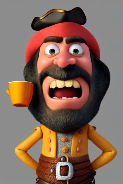 Image similar to portrait of the pirate blackbeard holding a cup of coffee, full body. pixar disney 4 k 3 d render funny animation movie oscar winning trending on artstation and behance. ratatouille style.