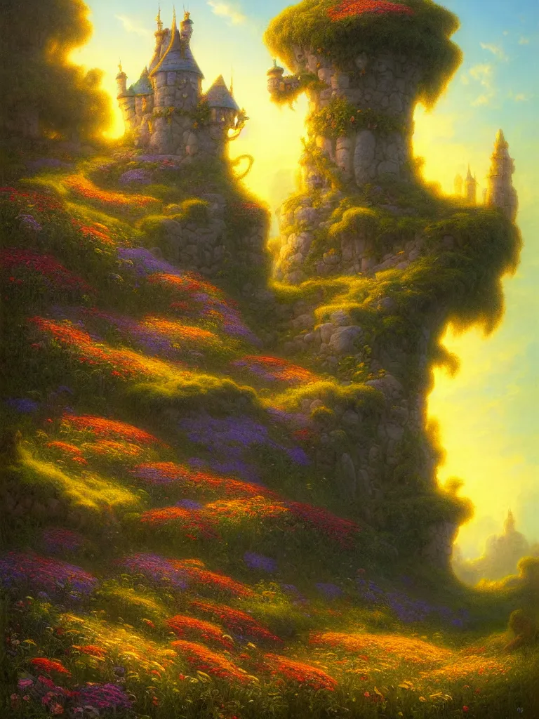 Image similar to a wizard tower in a field of flowers by Justin Gerard, morning light