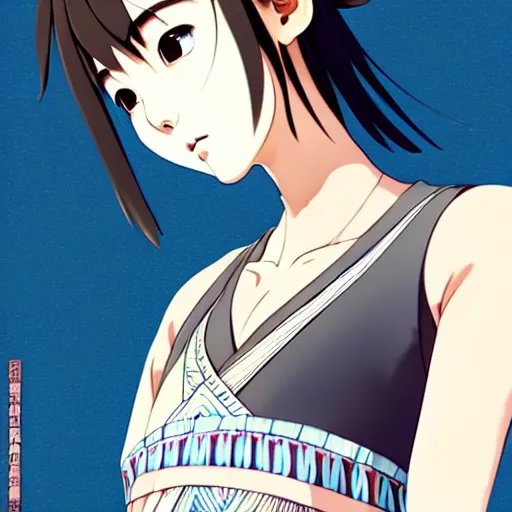 Image similar to a beautiful boyish japanese emma watson alluring instagram model, wearing elegant japanese hiphop leotard outfit with subtle mayan patterns and native fashion, aztec street fashion bathing suit, jrpg fashion, gapmoe yandere grimdark, trending on pixiv fanbox, painted by greg rutkowski makoto shinkai takashi takeuchi studio ghibli, akihiko yoshida