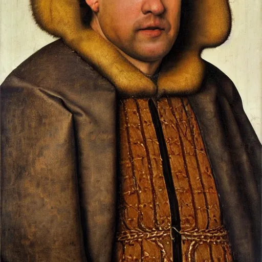 Image similar to portrait of kevin james, oil painting by jan van eyck, northern renaissance art, oil on canvas, wet - on - wet technique, realistic, expressive emotions, intricate textures, illusionistic detail