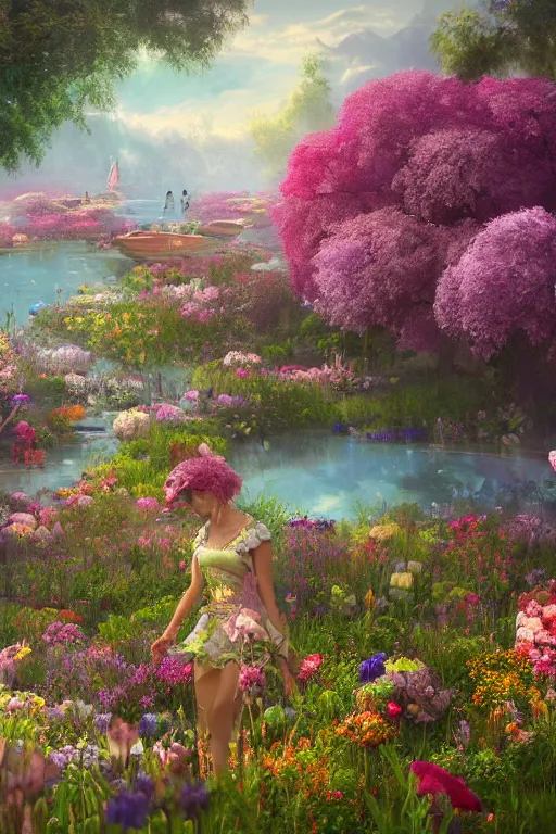 Prompt: a florist arranging a festival on a lake of flowers by dominik mayer and scott fischer, digital art, highly detailed, wide shot, intricate, fantasy, mystical, sharp focus, Trending on Artstation HQ, deviantart, unreal engine 5, 4K UHD image