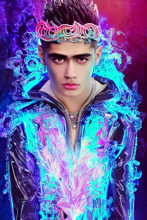 Prompt: hyper detailed ultra sharp photo of fullbodied baroque and bladerunner delicate neon crystalline sculpture of seductive onyx albino glass prince zayn malik dotado pink iridescent humanoid deity wearing blue hooded metallic tuxedo holding an glass skull in a onyx dungeon, reclining, glowing magenta face, crown of white diamonds, cinematic lighting, photorealistic, octane render 8 k depth of field 3 d