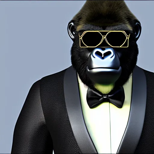 Prompt: a gorilla wearing a nice tuxedo, wearing shades and wearing gold chains, photorealistic, 8 k, unreal engine 6, highly detailed, coherent,