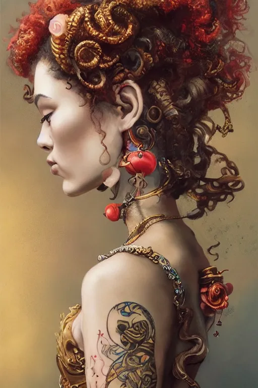 Prompt: an epic painting of a 1 9 years old girl figure on vacation, curly messy high bun hairstyle, whimsically designed oriental tattoos, subject wearing a gold and ruby alexander mcqueen medieval gown, flowing, ornate, beautiful, forbidden beauty, dramatic earth colors, with few fire red highlights, by jeremy mann and greg rutkowski, trending on artstation, oil on canvas