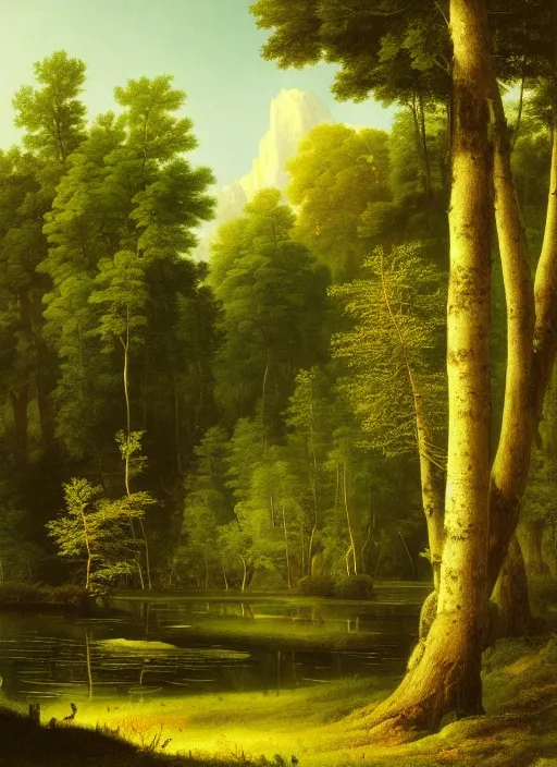 Image similar to a meadow clearing with extremely thin tall trees, spirit of the forest dwells, magically dense, calm serene atmosphere, by asher brown durand, by yoshitaka amano