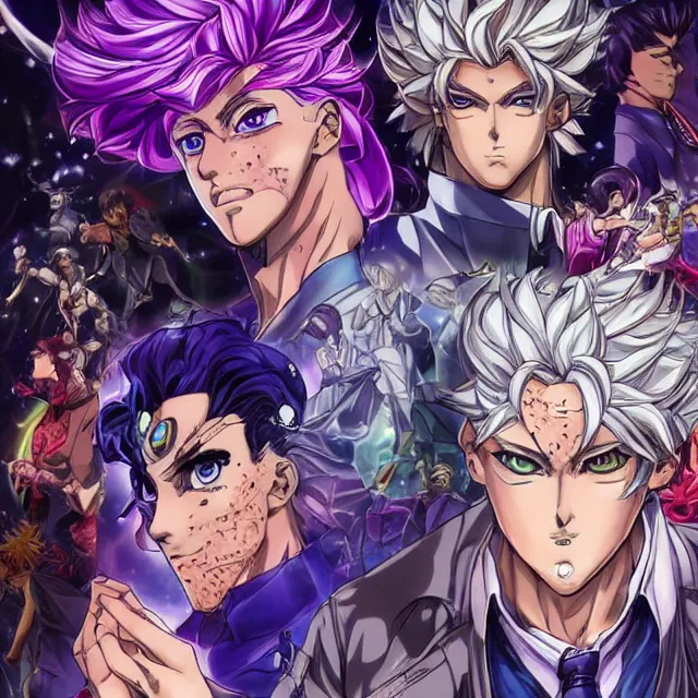 Image similar to handsome anime man channels the universe's energy in the style of jojo's bizarre adventure, ultrafine hyperrealistic detailed face illustration by kim jung gi, irakli nadar, intricate linework, sharp focus, bright colors, matte, octopath traveler, final fantasy, unreal engine highly rendered, global illumination, radiant light, intricate rainbow environment