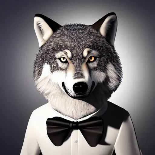 Image similar to 3 d render of a wolf as a gentleman wearing tuxedo on a studio shot, studio lighting, cinematic perspective, full hd