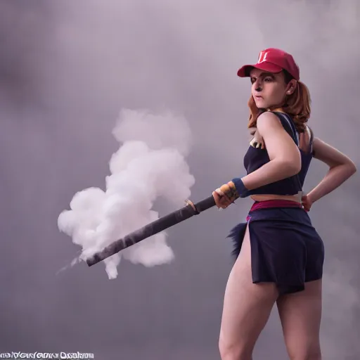 Image similar to Misty from Pokemon cosplay by Emma Watson, 8k, professional photography, cinematic studio shot, dark, smoke