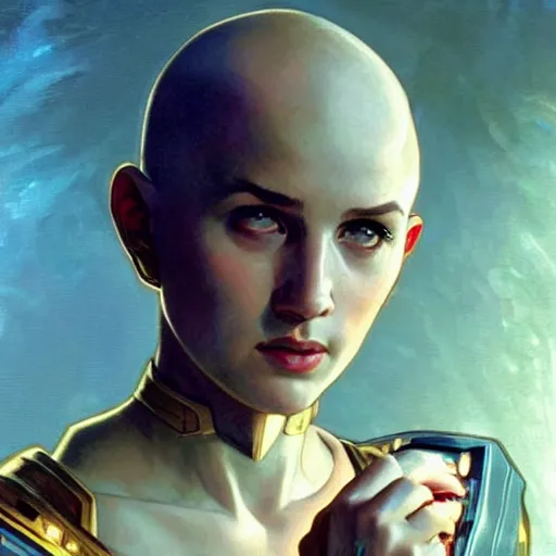 Image similar to a bald serbian!!! young woman as a star trek captain, a still from star trek painted by artgerm and greg rutkowski and alphonse mucha. clear highly detailed face, beautiful sci fi art