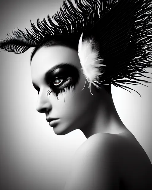 Image similar to surreal mythical dreamy dark artistic black and white fine art 3 / 4 portrait photo of a young delicate mutant female - orchid - bird - cyborg with feather hair, rim light, cinematic, studio dramatic light, poetic, octane render, 8 k, photo - realistic